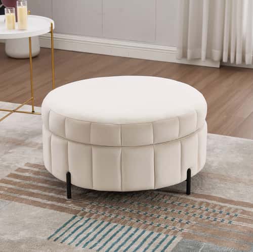 Upholstered Round Ottoman with Reversible Lid, Velvet Storage Stool, Channel Tufted Pumpkin-shape Footstool