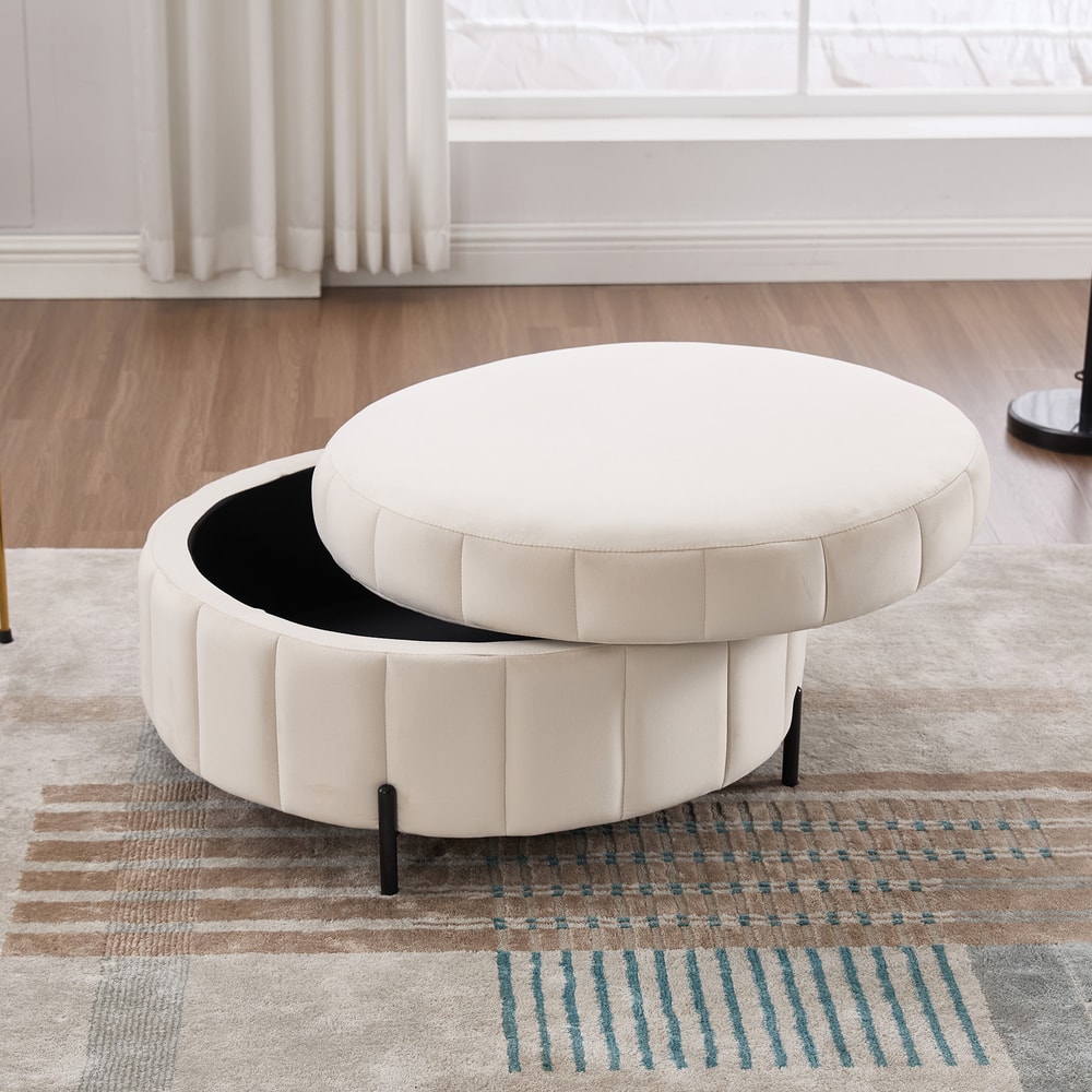 Upholstered Round Ottoman With Reversible Lid Velvet Storage Stool Channel Tufted Pumpkinshape Foot 3