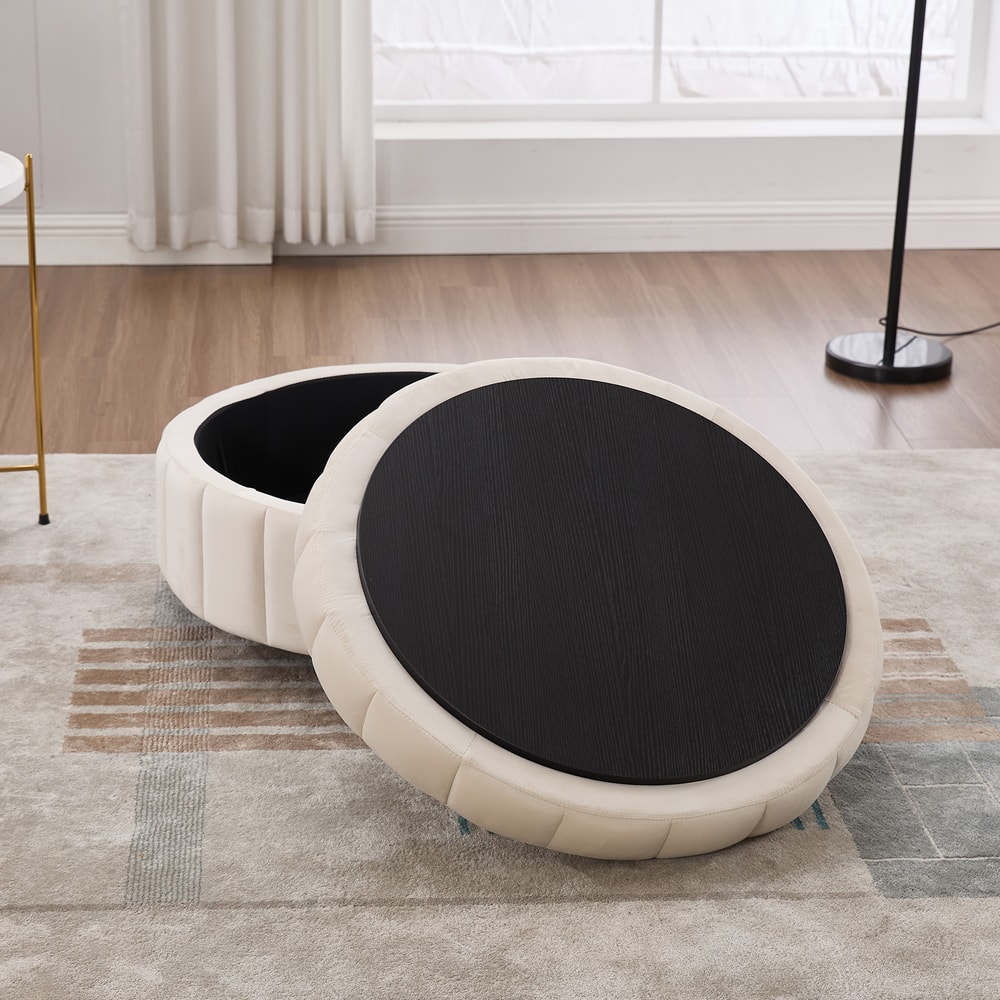 Upholstered Round Ottoman With Reversible Lid Velvet Storage Stool Channel Tufted Pumpkinshape Foot 4