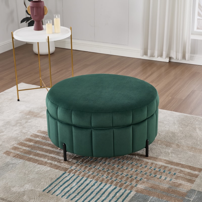 Upholstered Round Ottoman With Reversible Lid Velvet Storage Stool Channel Tufted Pumpkinshape Foot 9