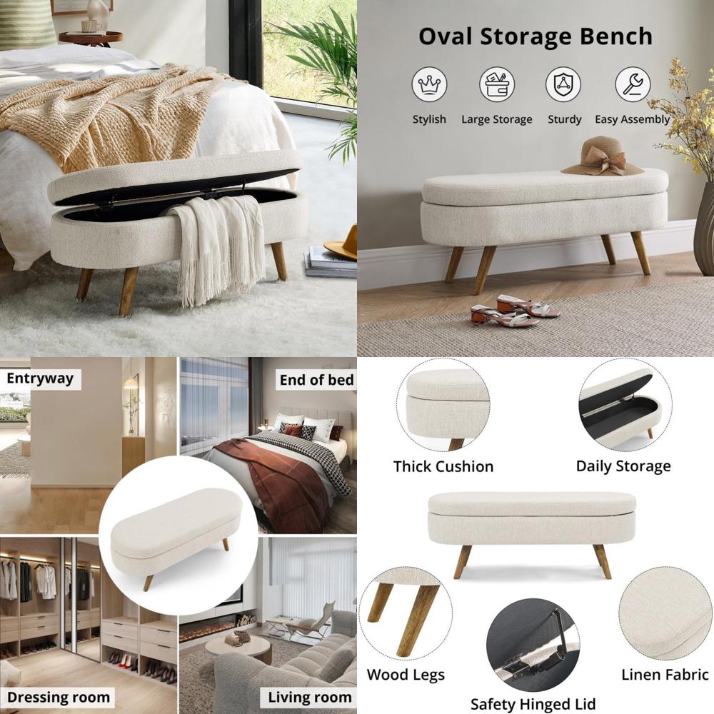 LinenCovered Storage Ottoman Bench FlipTop With Safety Hinges Stylish Home Storage Solution 1