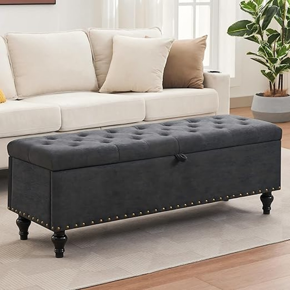Large Upholstered Storage Ottoman Bench With Safety Hinges Spacious Capacity For Living Room Bedroo 0