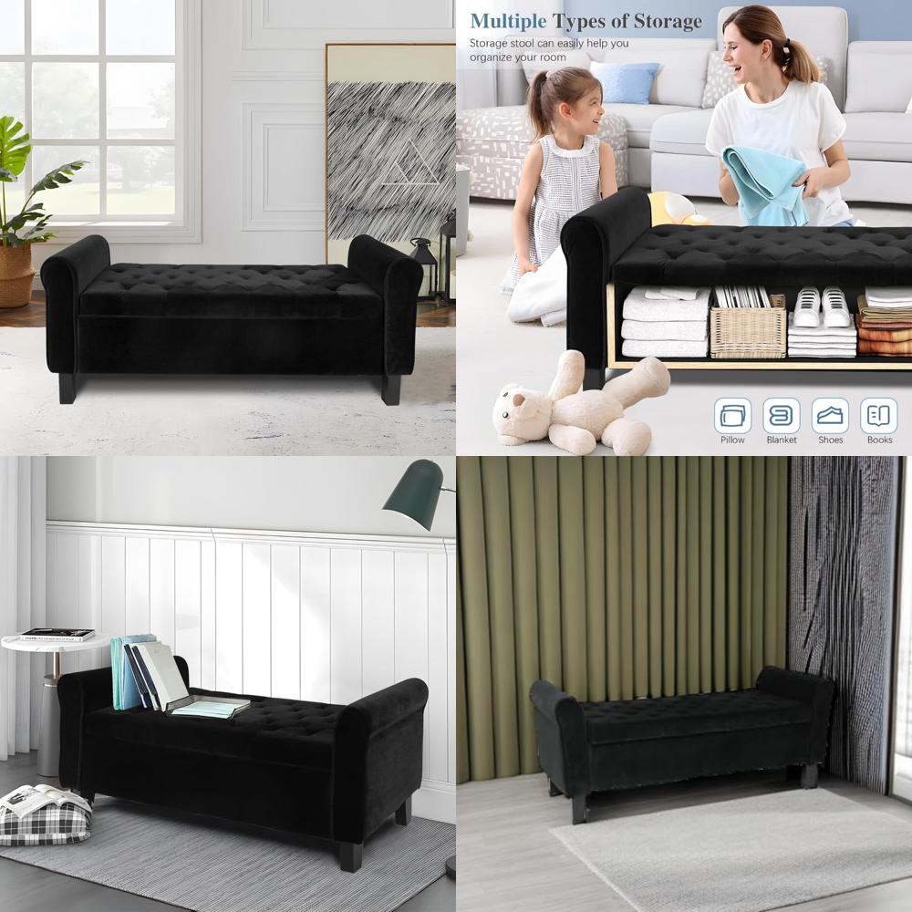Velvet Upholstered Storage Ottoman With Arms For Bedroom Black ButtonTufted Bench For Hallway Foot 1
