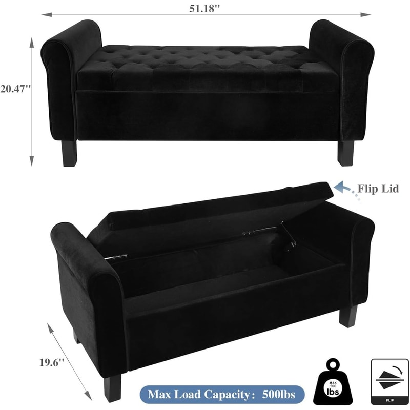 Velvet Upholstered Storage Ottoman With Arms For Bedroom Black ButtonTufted Bench For Hallway Foot 2