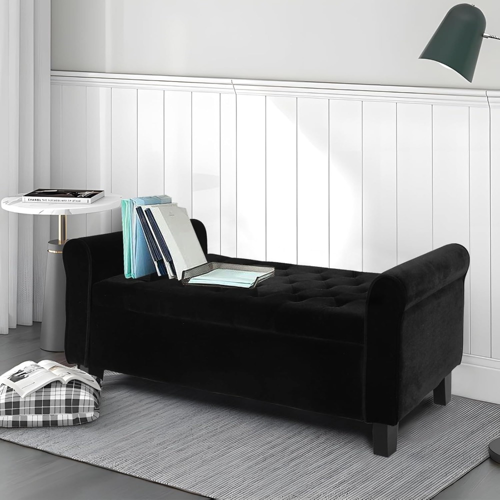 Velvet Upholstered Storage Ottoman With Arms For Bedroom Black ButtonTufted Bench For Hallway Foot 3