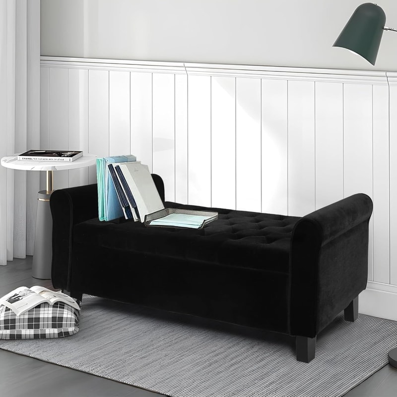 Velvet Upholstered Storage Ottoman With Arms For Bedroom Black ButtonTufted Bench For Hallway Foot 3