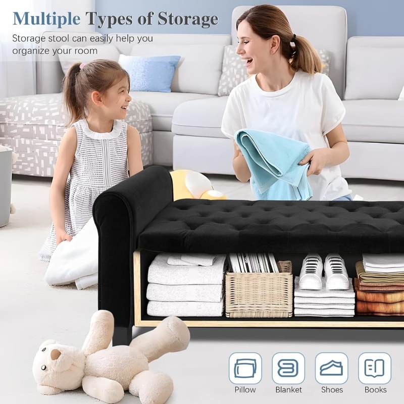 Velvet Upholstered Storage Ottoman With Arms For Bedroom Black ButtonTufted Bench For Hallway Foot 5