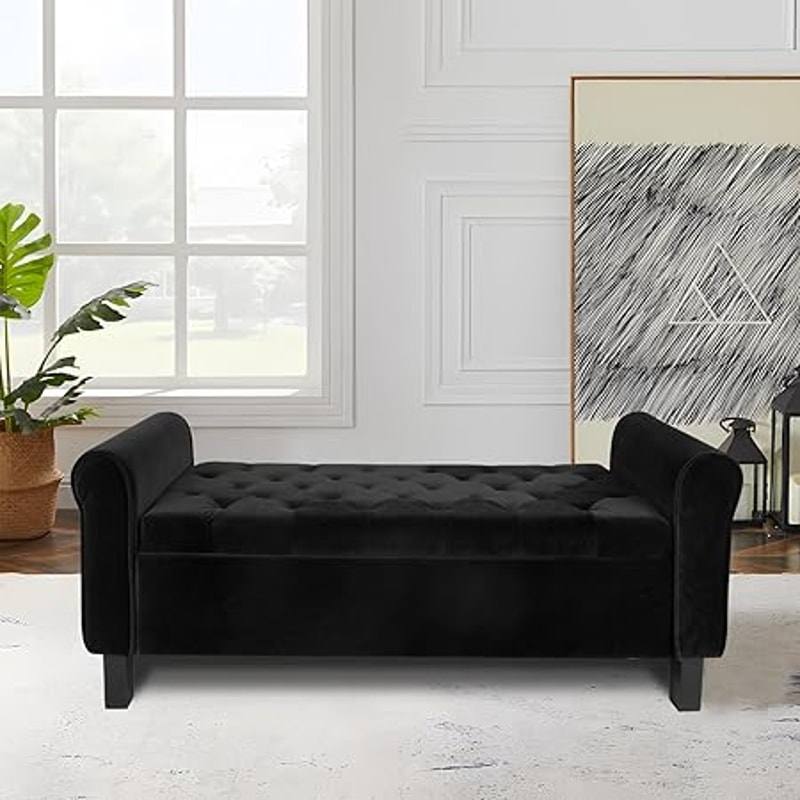 Velvet Upholstered Storage Ottoman With Arms For Bedroom Black ButtonTufted Bench For Hallway Foot 0