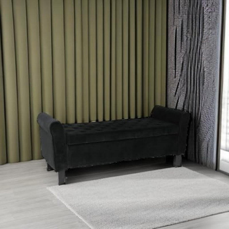 Velvet Upholstered Storage Ottoman With Arms For Bedroom Black ButtonTufted Bench For Hallway Foot 6
