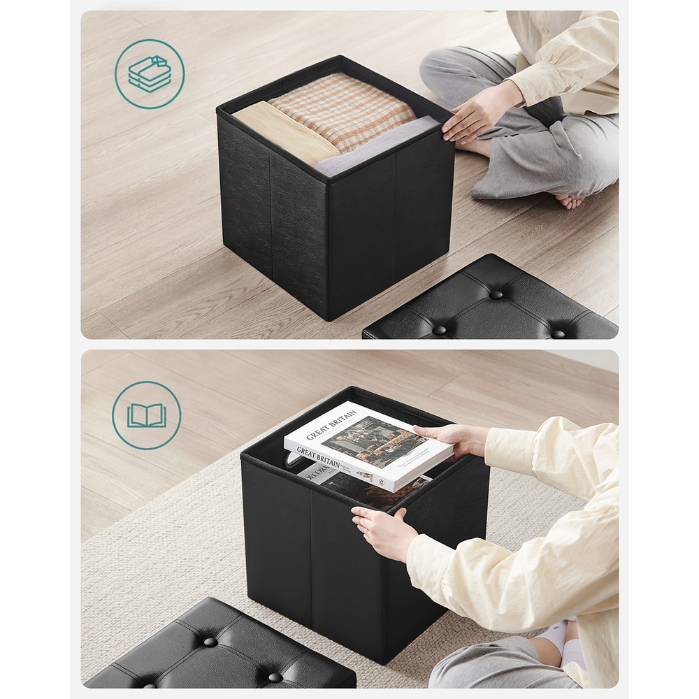 Ottoman with Storage, Synthetic Leather Footstool, Storage Ottoman with Metal Grommet Handles for Home Decor