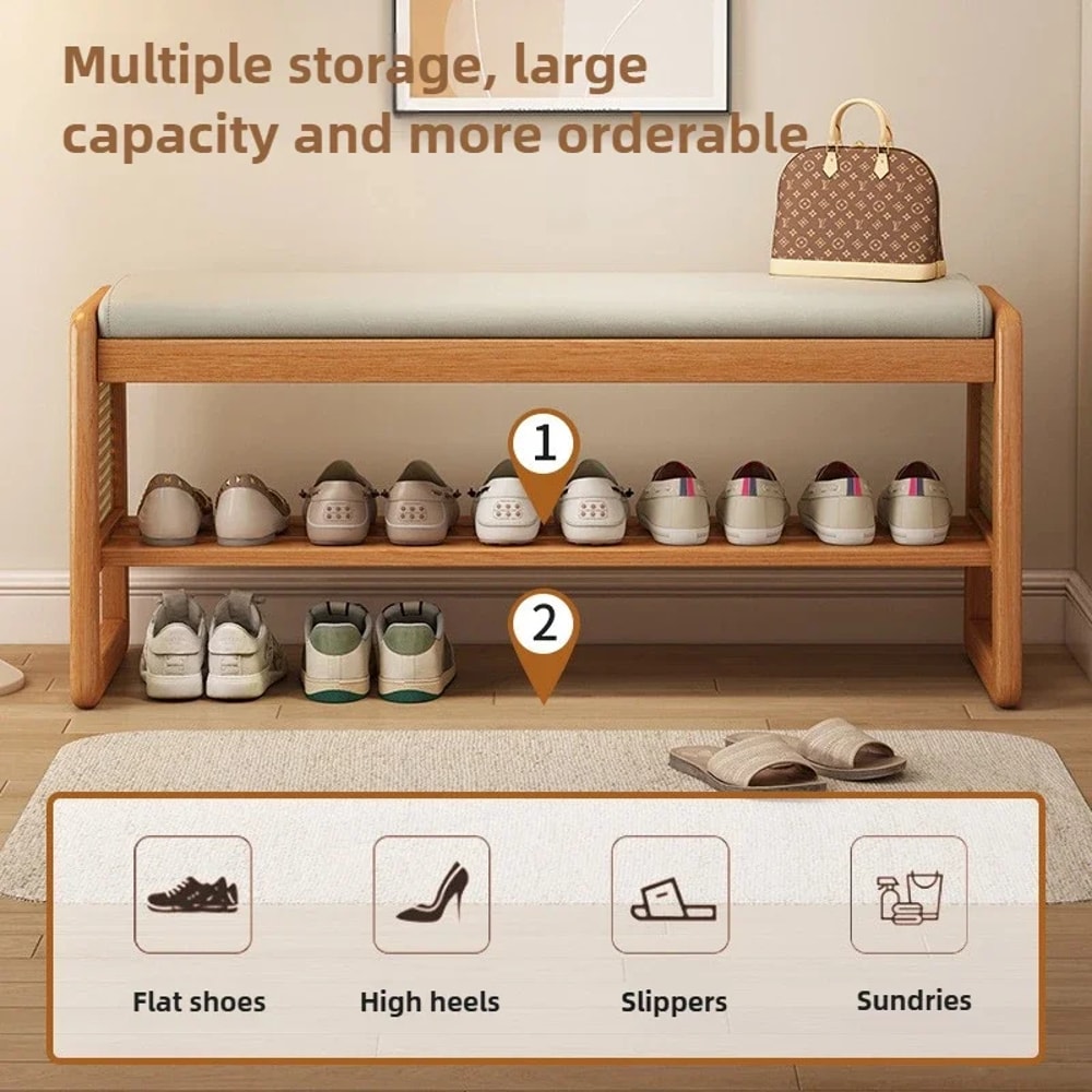 Woven Shoe Changing Stool MultiLayer Storage Solid Wood Entrance Door Bench Can Sit On Shoe Stool F 2