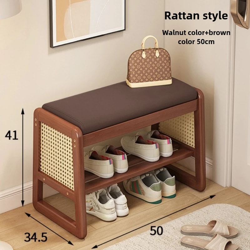Woven Shoe Changing Stool MultiLayer Storage Solid Wood Entrance Door Bench Can Sit On Shoe Stool F 6