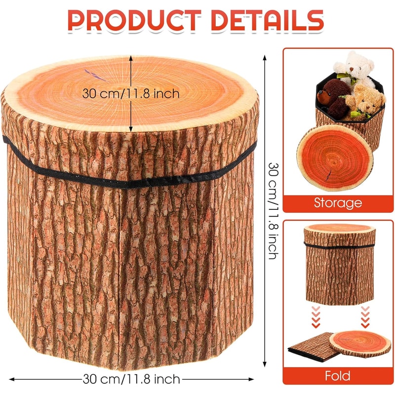 Tree Stump Storage Ottoman, Collapsible Footrest Seat, Folding Stool, Foldable Storage Box for Living Room, Bedroom