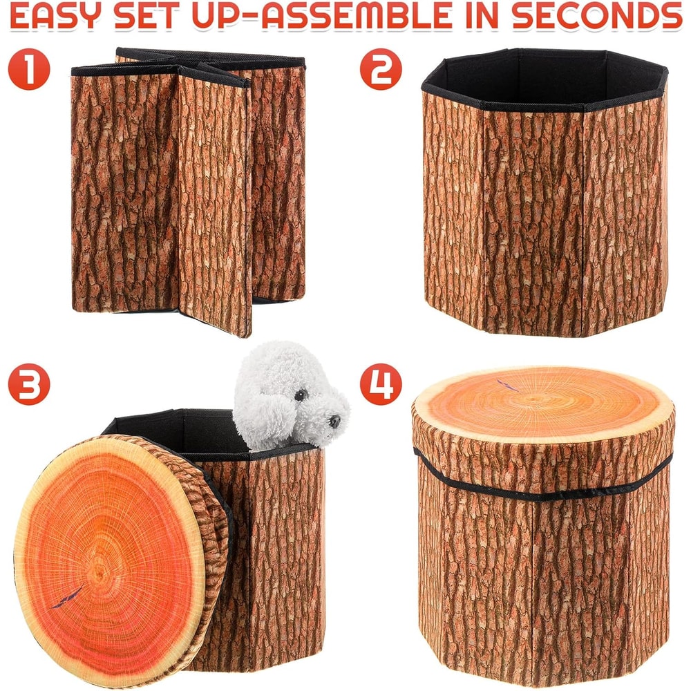 Tree Stump Storage Ottoman, Collapsible Footrest Seat, Folding Stool, Foldable Storage Box for Living Room, Bedroom