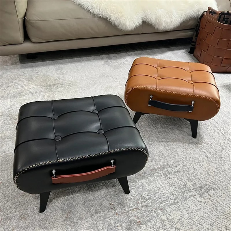 Small Foot Stool Ottoman PU Leather Rectangle Footrest Bedside Step Stool With Wood Legs For Desk L 1