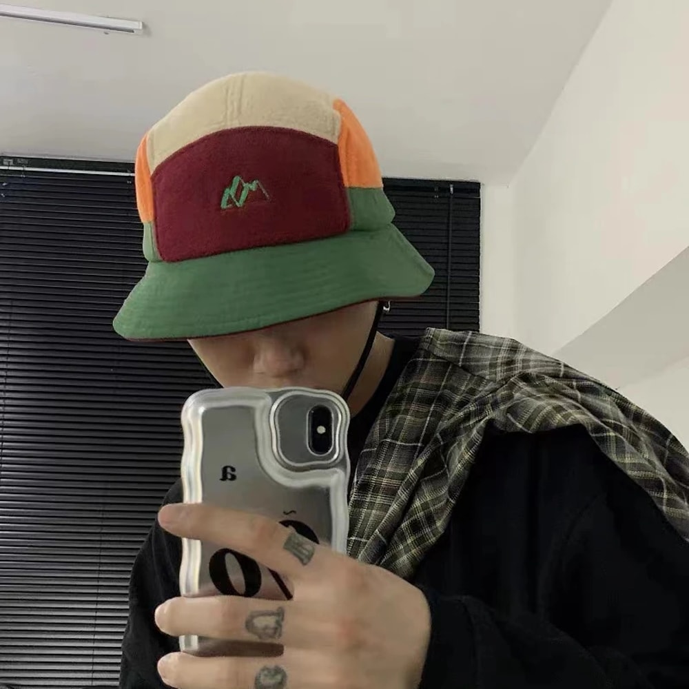 Short Brim Baseball Cap With Color Matching Ear Protection Winter Velvet Aviator Bucket Hat For Men 4