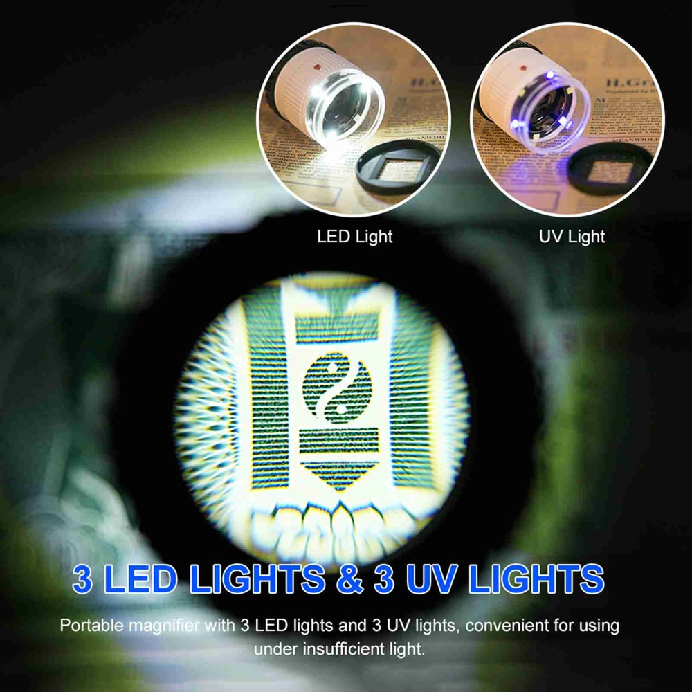 Pocket Magnifier With Scale LED UV Light Illuminated Magnifying Glasses Adjustable Focal HD Jewelle 3