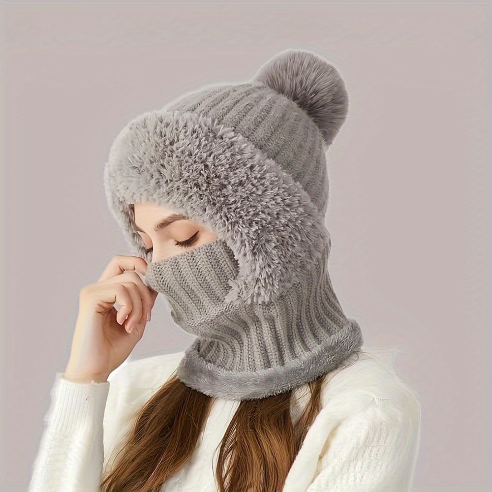 Winter Hat With Ear Flaps Beanie Scarf Mask Set FleeceLined Knitted Cap Windproof Warm Acrylic For 0