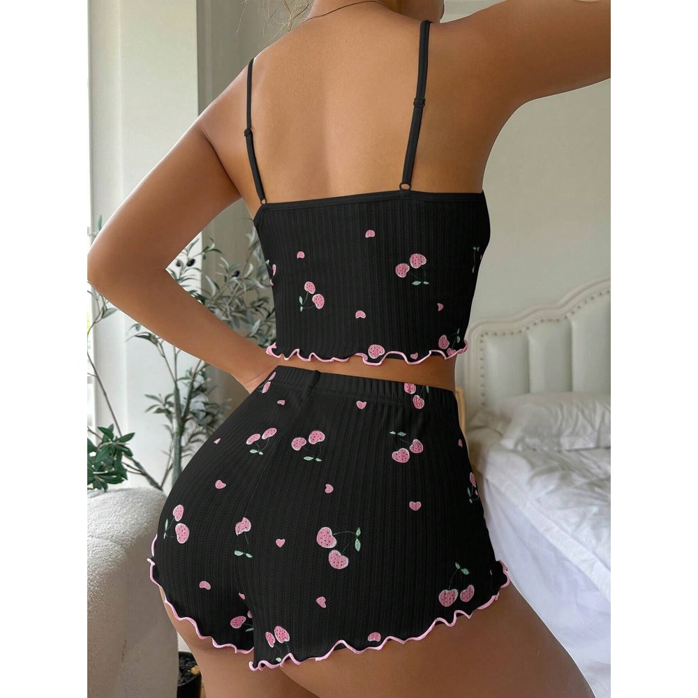 Women Heart Print Sexy Ribbed Bow Decor Pajama Set Round Neck Backless Comfortable Crop Cami Top S 0