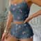 Women Heart Print Sexy Ribbed Bow Decor Pajama Set Round Neck Backless Comfortable Crop Cami Top S 2
