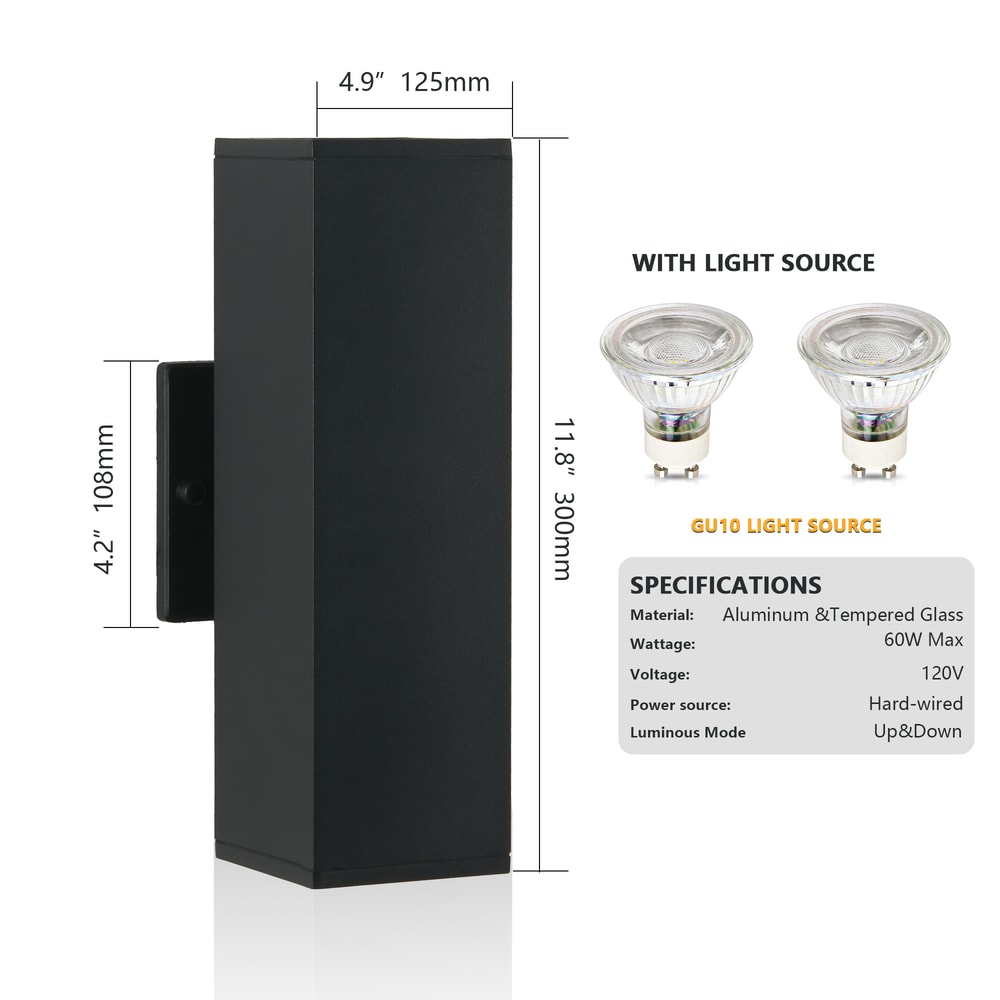 Outdoor Wall Light, Waterproof Up & Down Bulb Wall Sconce, Black Aluminum Exterior Light, Durable & Stylish
