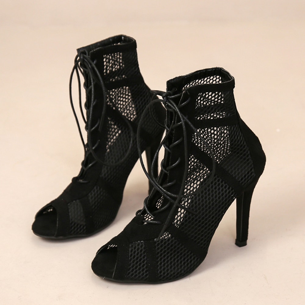 Sexy High Heels Hollow Mesh Sandals, Women Summer Cross-tied Peep Toe Heeled Sandals, Black Net Sandals