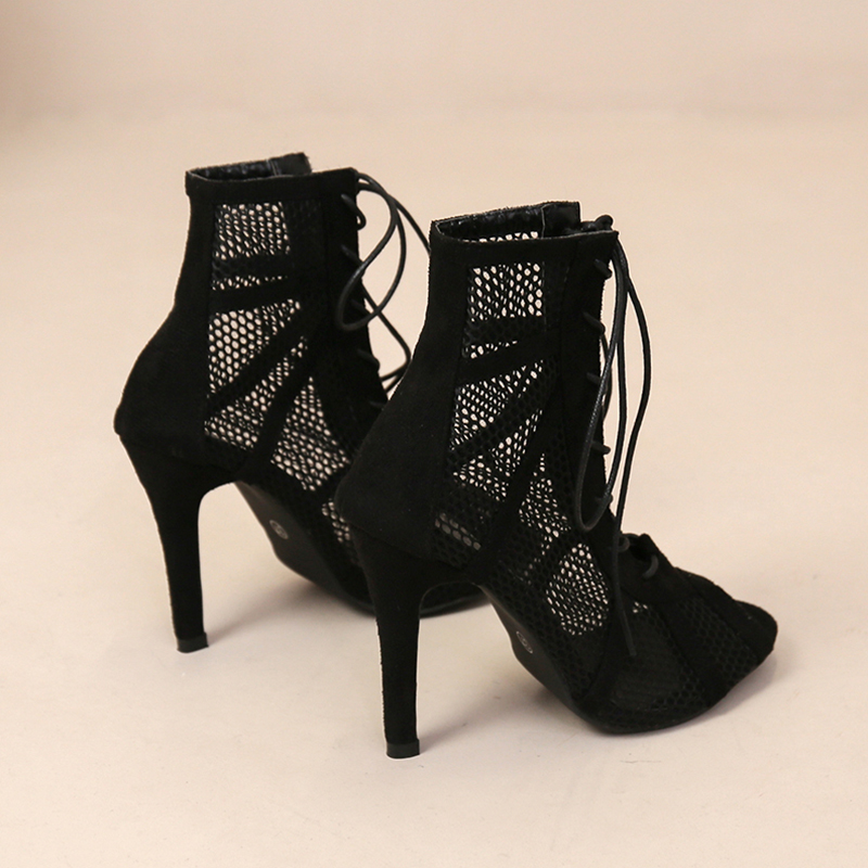 Sexy High Heels Hollow Mesh Sandals, Women Summer Cross-tied Peep Toe Heeled Sandals, Black Net Sandals