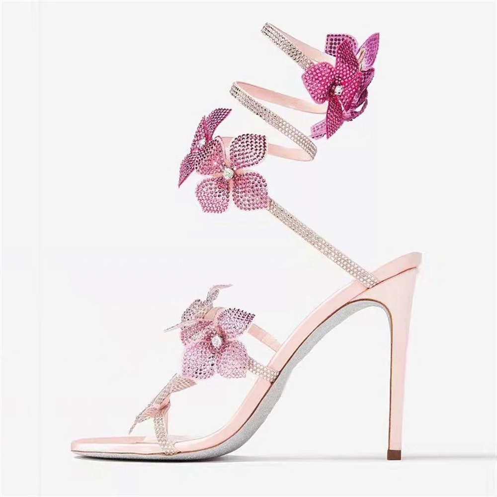 Sexy Crystal Flower Thin High Heels Narrow Band Women Sandals Ankle Strap Street Style Pole Dancing 0