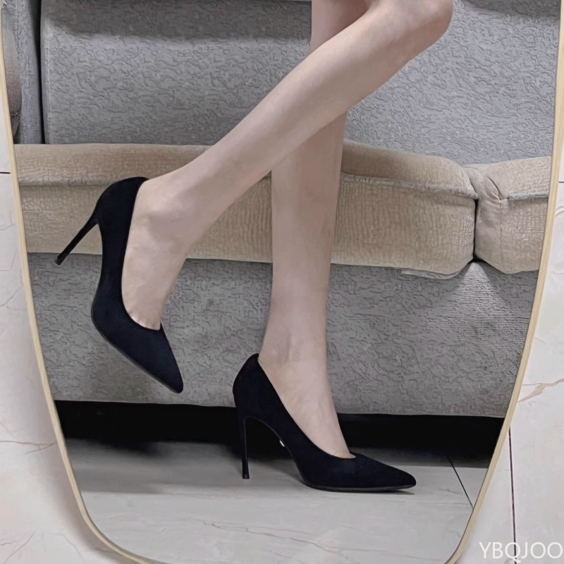 Fashion Women Shoes Sexy Black High Heels Sharp Pointed Suede Pumps Elegant Shallow Mouth Etiquette 1