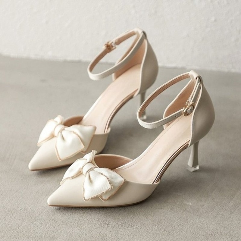 Elegant Medium Heel Heels For Women Pointed Toe Butterfly Stilettos White Designer Shoes For Weddin