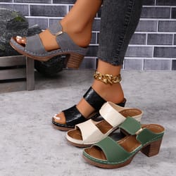 women summer light weight hollow sandals, high heels, chunky open toe slippers, casual slingback slides shoes for dress