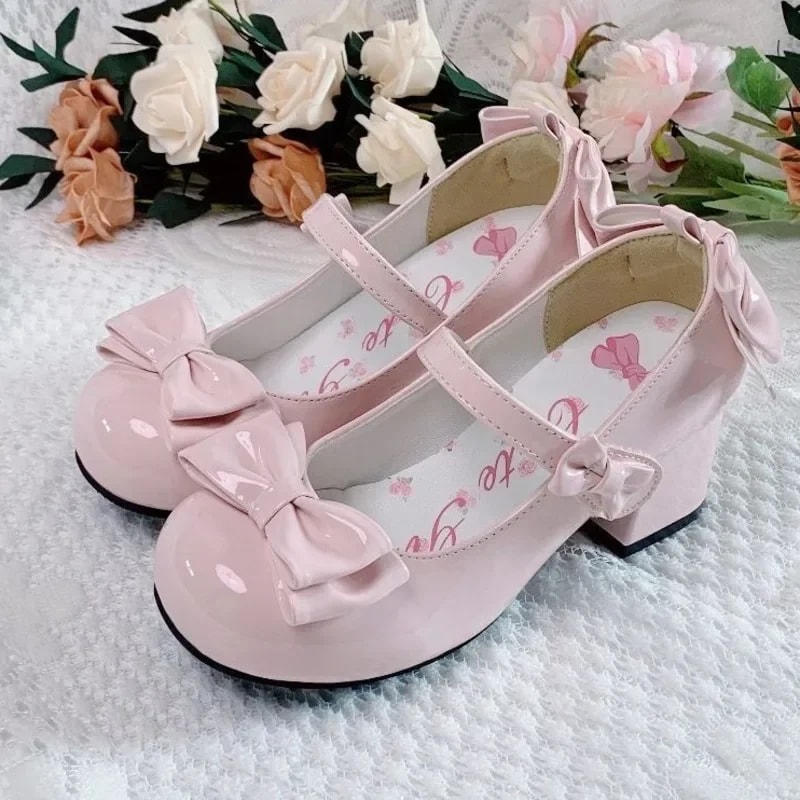 Lolita Style Cute Round Head Jane Pumps With Bow Womens Sweet Party Dress Midi Heels Fashion PU San 1