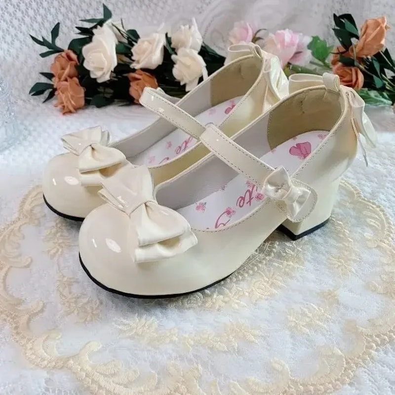 Lolita Style Cute Round Head Jane Pumps With Bow Womens Sweet Party Dress Midi Heels Fashion PU San 3