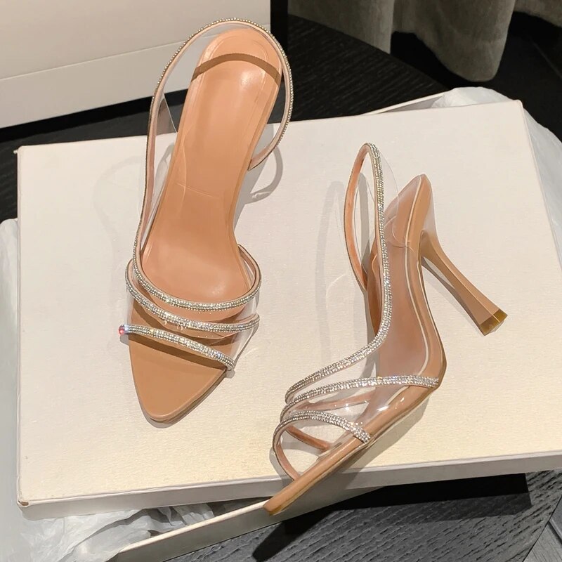 Women Summer Rhinestone Slingback Pumps, Office Lady Transparent Heeled Sandals, Elegant Pointed Toe Female