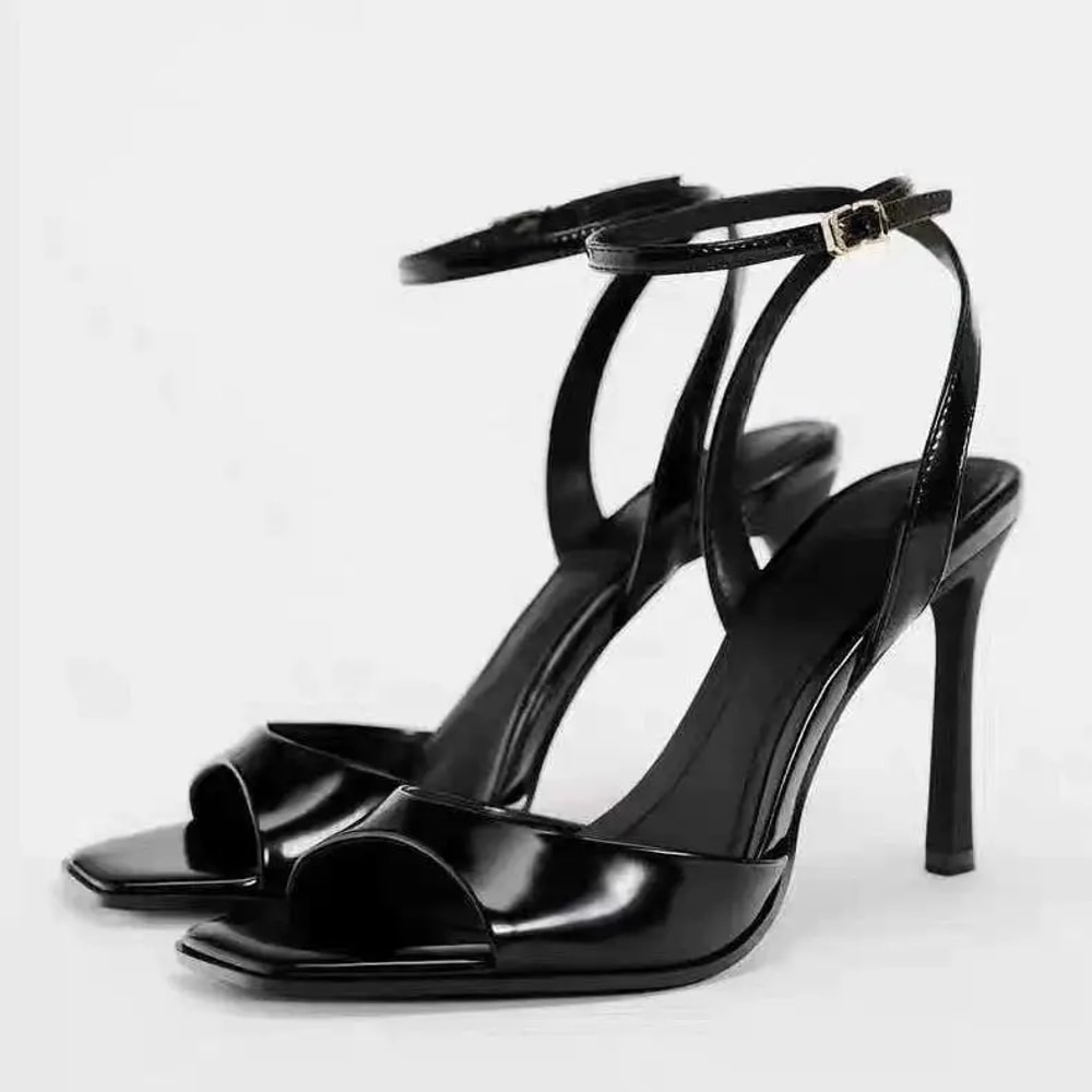 Gold Patent Leather Ankle Buckle High Heeled Sandals Sexy Square Toe Open Toe High Heels Womens Sum 2