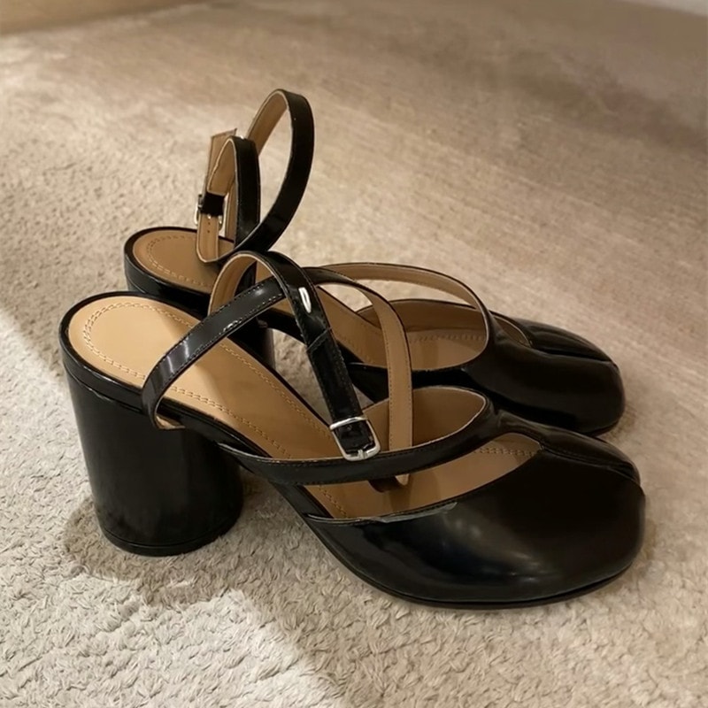 Fashion Patent Leather Split Toe Women Pumps Spring Summer Chunky High Heels Slingbacks Female Casu 0