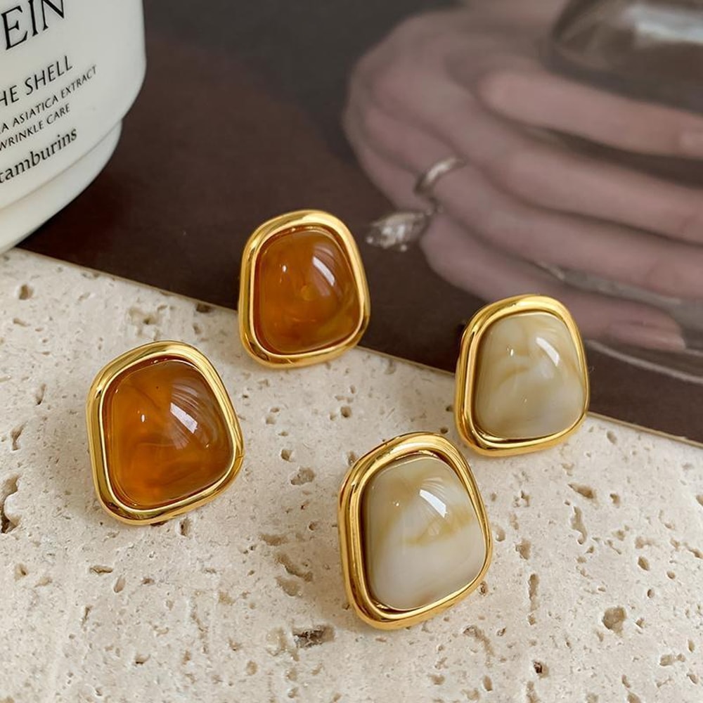 Vintage Coffee Color Square Resin Stud Earrings Fashion Metal Geometric Jewellery For Women Irregul 1