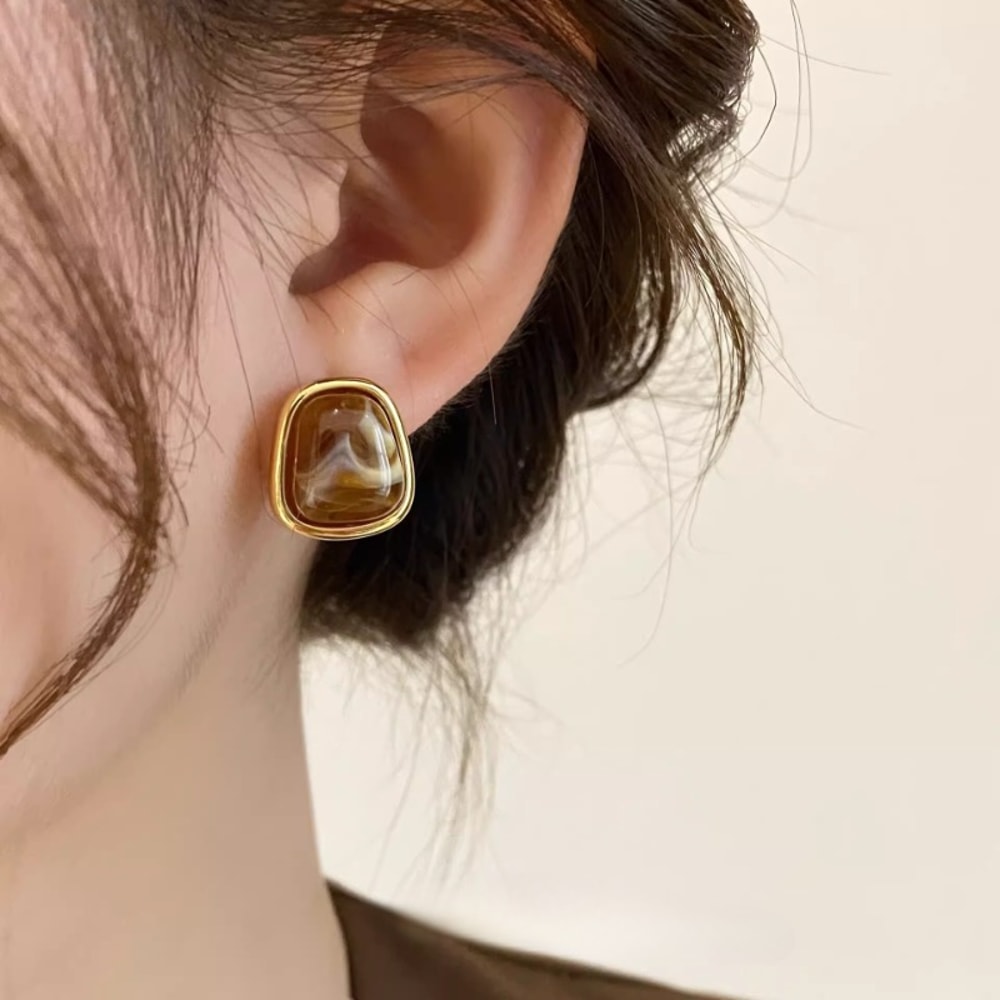 Vintage Coffee Color Square Resin Stud Earrings Fashion Metal Geometric Jewellery For Women Irregul 0