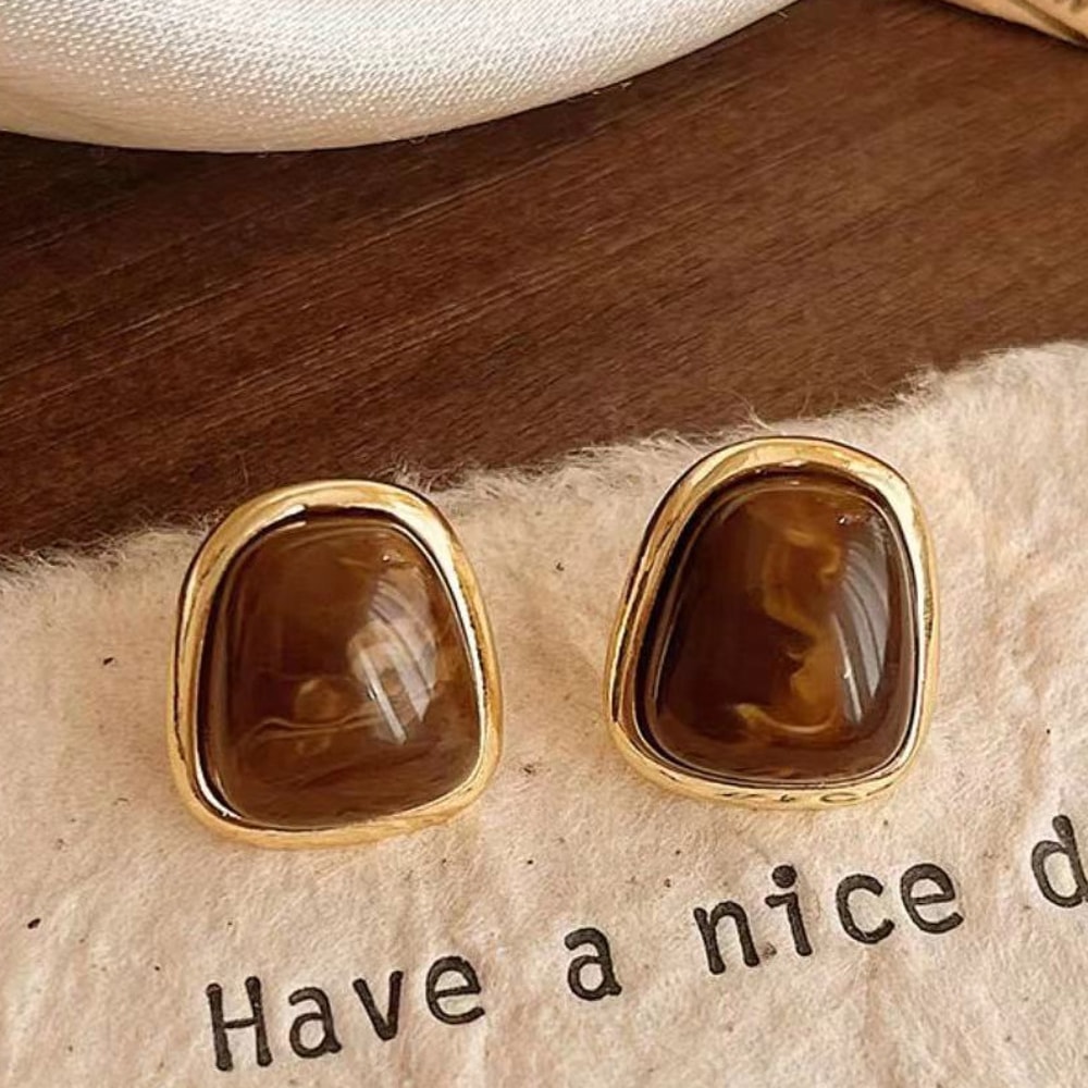 Vintage Coffee Color Square Resin Stud Earrings Fashion Metal Geometric Jewellery For Women Irregul 2
