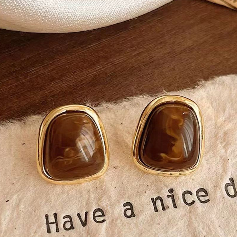 Vintage Coffee Color Square Resin Stud Earrings Fashion Metal Geometric Jewellery For Women Irregul 2
