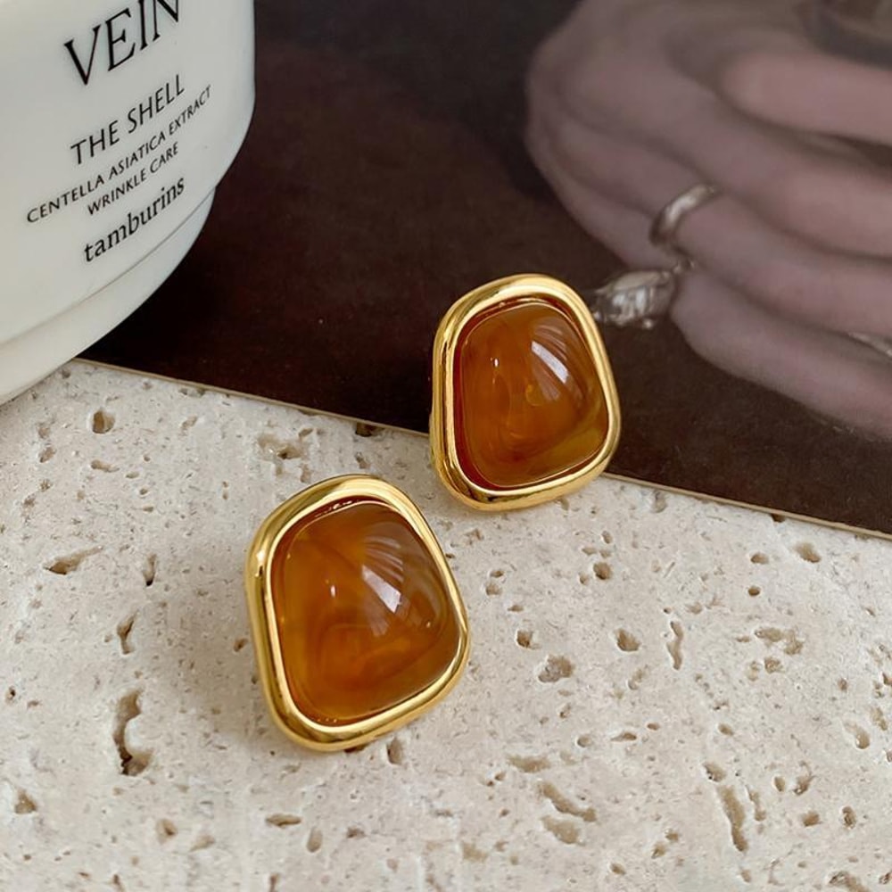 Vintage Coffee Color Square Resin Stud Earrings Fashion Metal Geometric Jewellery For Women Irregul 3
