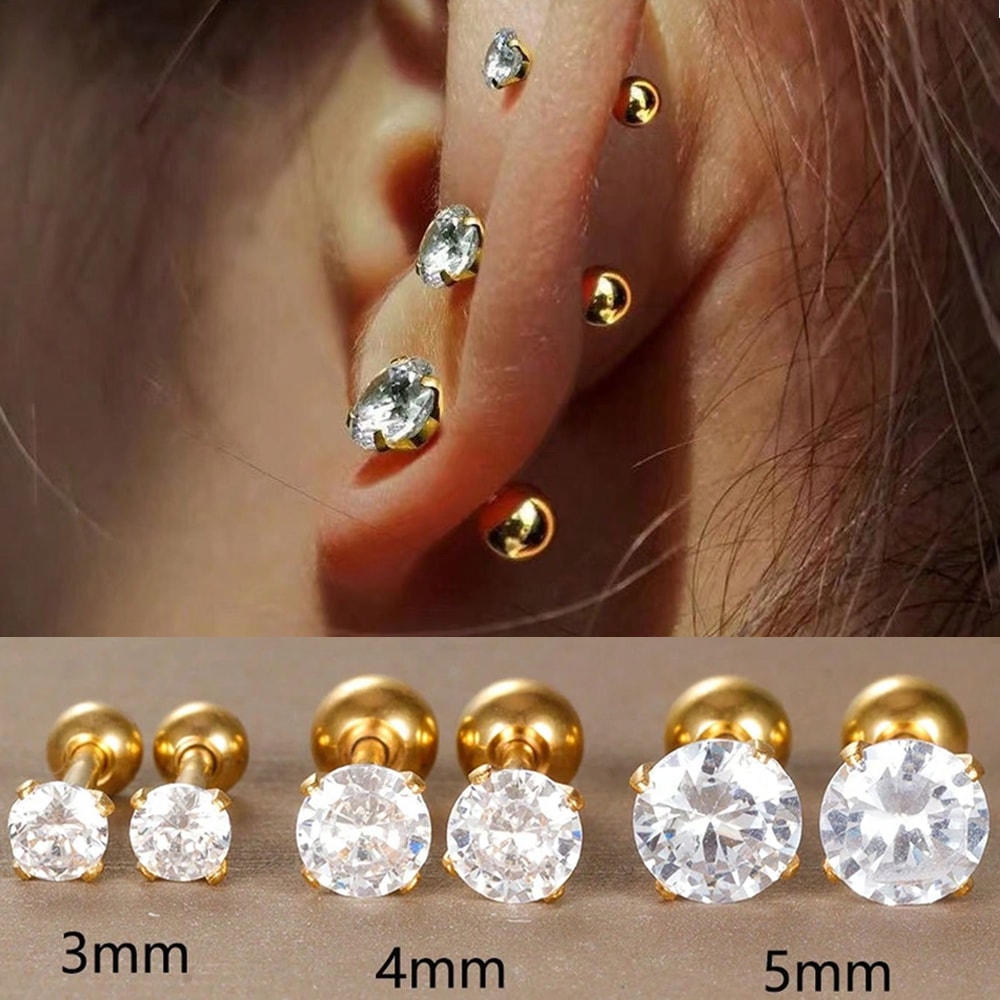 Classic Zircon Stud Earrings For Women Stainless Steel Cartilage Piercing Jewelry Elegant Girls Ear 6