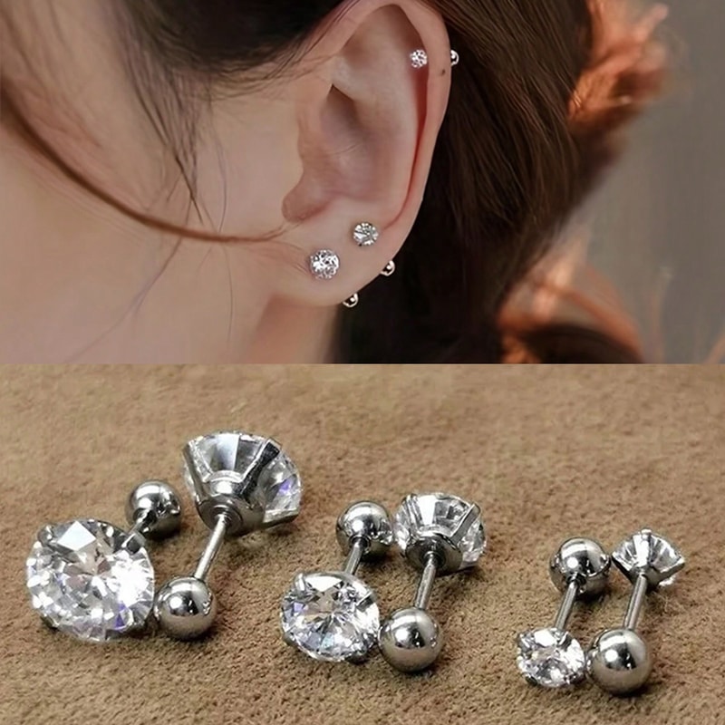 Classic Zircon Stud Earrings For Women Stainless Steel Cartilage Piercing Jewelry Elegant Girls Ear 7