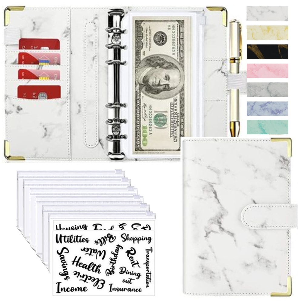 Money Saving Organiser PU Leather Budget Binder Marble Notebook Budget Planner Envelope For Office 1