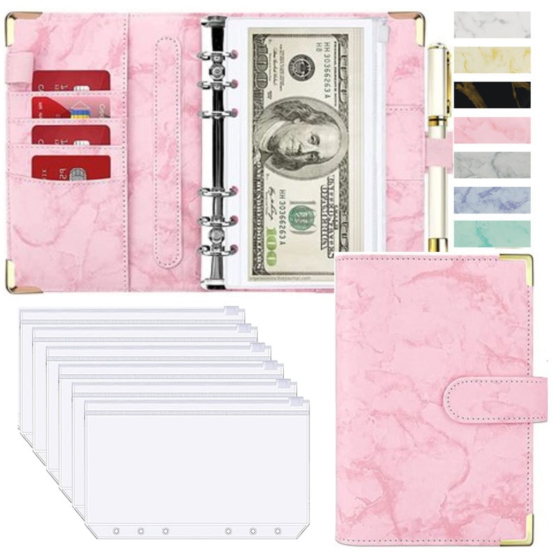 Money Saving Organiser PU Leather Budget Binder Marble Notebook Budget Planner Envelope For Office 5