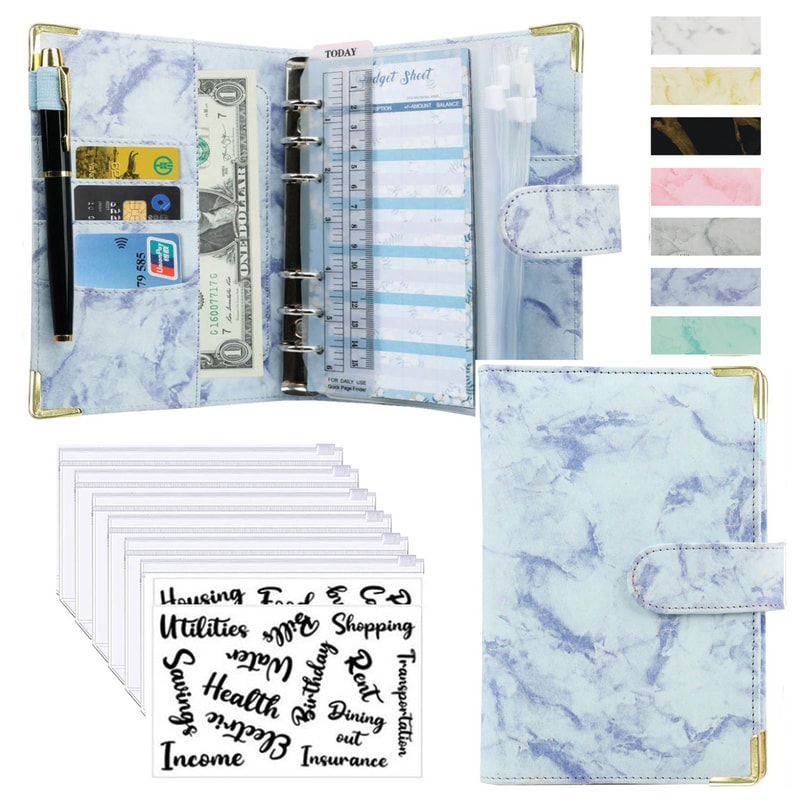 Money Saving Organiser PU Leather Budget Binder Marble Notebook Budget Planner Envelope For Office 8