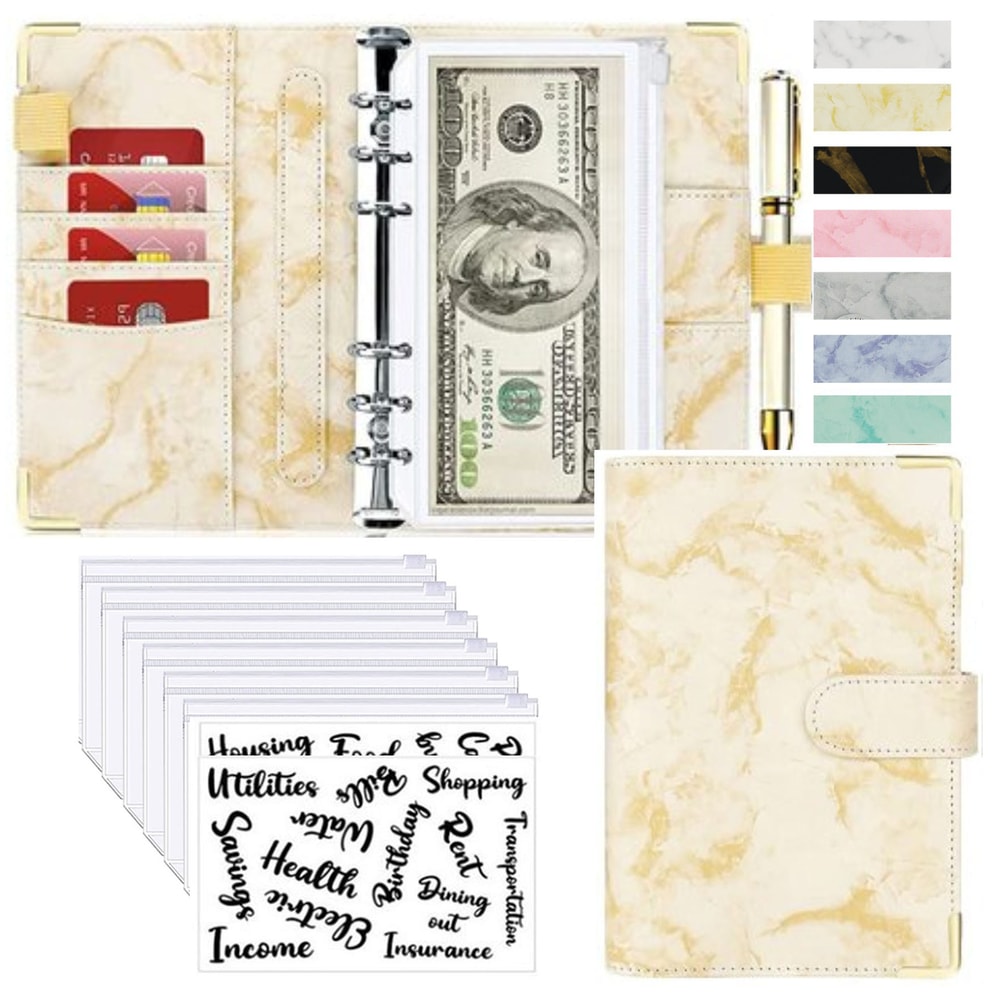 Money Saving Organiser PU Leather Budget Binder Marble Notebook Budget Planner Envelope For Office 9