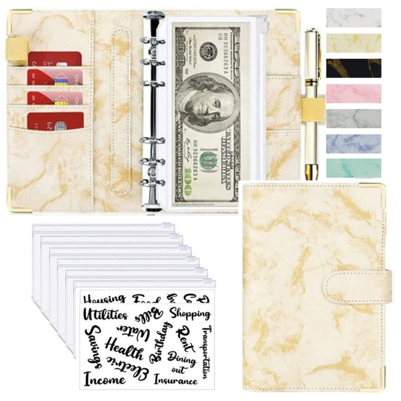 Money Saving Organiser PU Leather Budget Binder Marble Notebook Budget Planner Envelope For Office 9