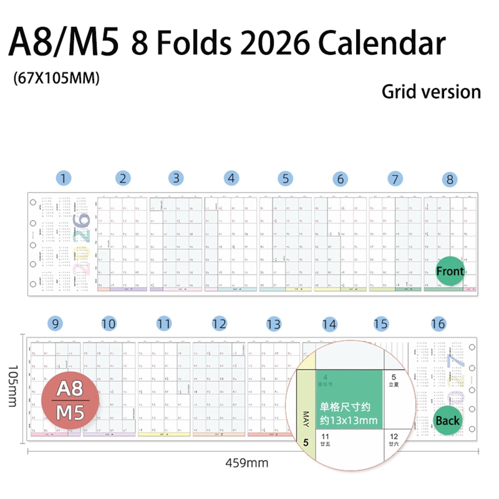 Calendar Colorful Yearly Monthly Planner Refills Calendar Fold Design Loose Leaf Paper Reusable Pla