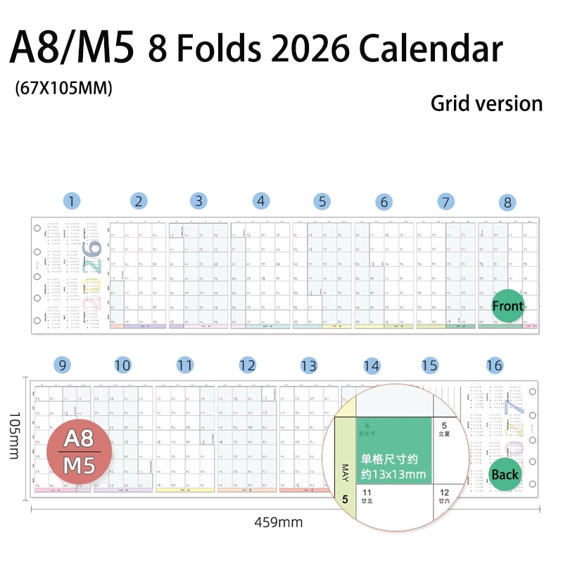 Calendar Colorful Yearly Monthly Planner Refills Calendar Fold Design Loose Leaf Paper Reusable Pla